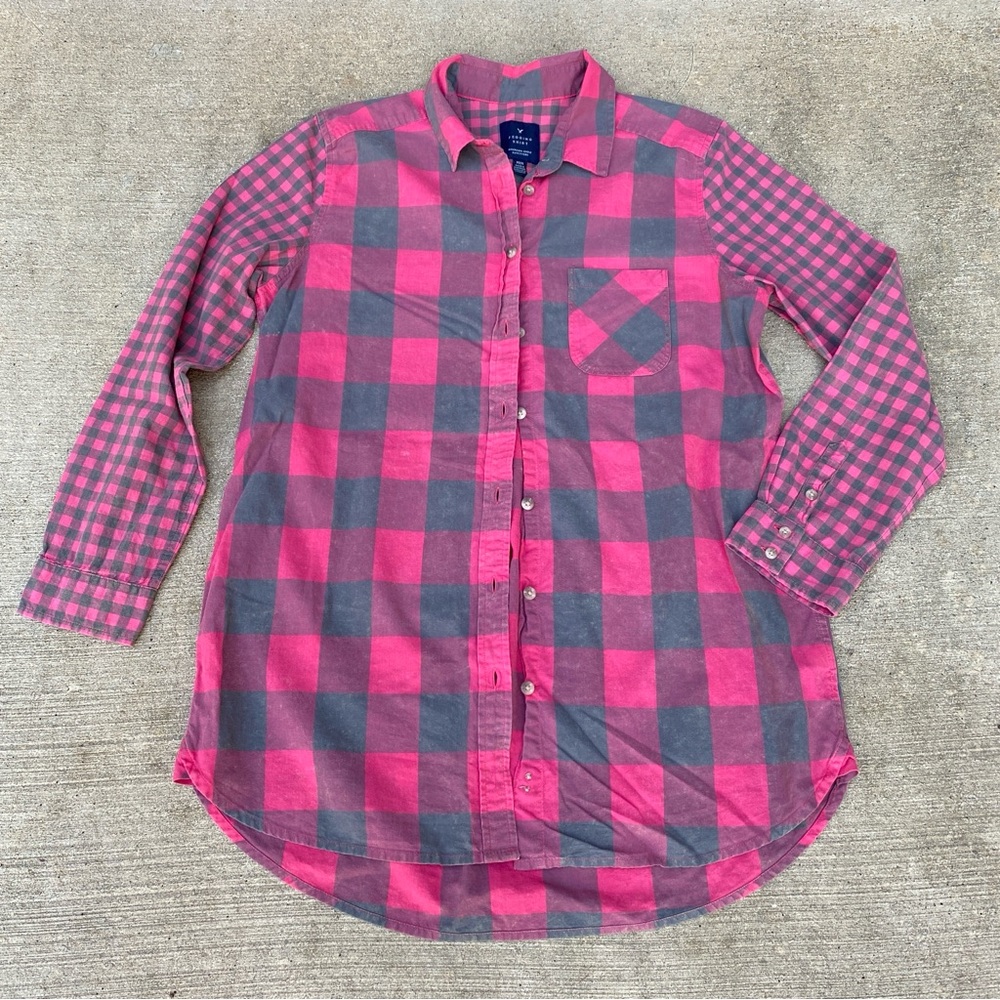 American Eagle Buffalo Plaid Jegging Tunic Shirt Long Sleeve Pink Green Medium